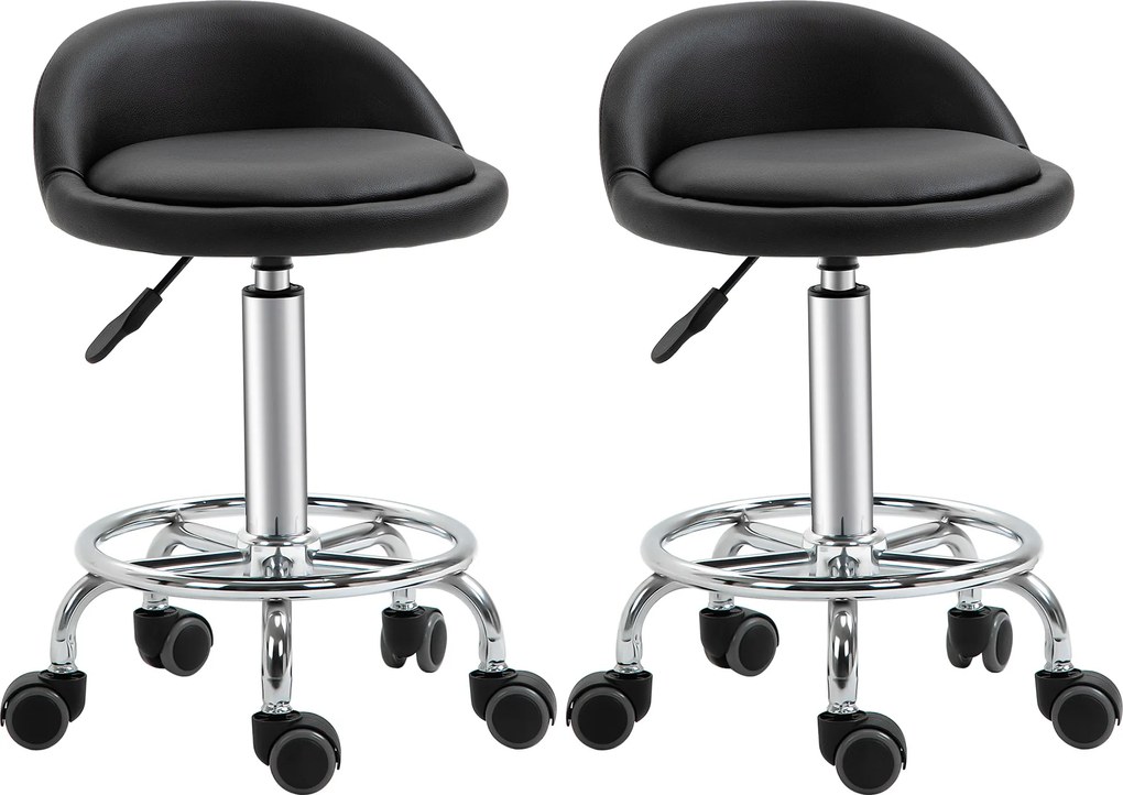 HOMCOM Conjunto 2 Taburetes de Massagem/Trabalho com Rodízios 360° Assento Regulável 47-62 cm Aço Cromado 38x38x72cm Preto | Aosom Portugal