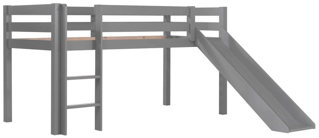 Conjunto Cama alta de Criança PINO 90 x 200 cm + estrado + escada + escorrega + cortina + bolsas de arrumação Primavera Cinzenta