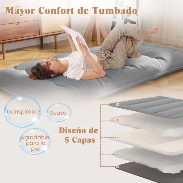 Colchão enrolável para o chão com capa lavável e com bolsa de transporte 200 x 90 x 10 cm - cinzento