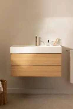 Conjunto De Móvel De Casa De Banho Suspenso Em Madeira E Folha De Freixo Com Lavatório Integrado Ona Madeira Natural & Sem Espelho - Sklum