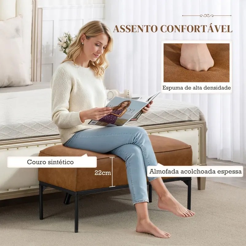 Banco ao Pé da Cama Multifuncional 80x40x46 cm Moderno com Assento Acolchoado Espesso e Pés em Aço PU Castanho