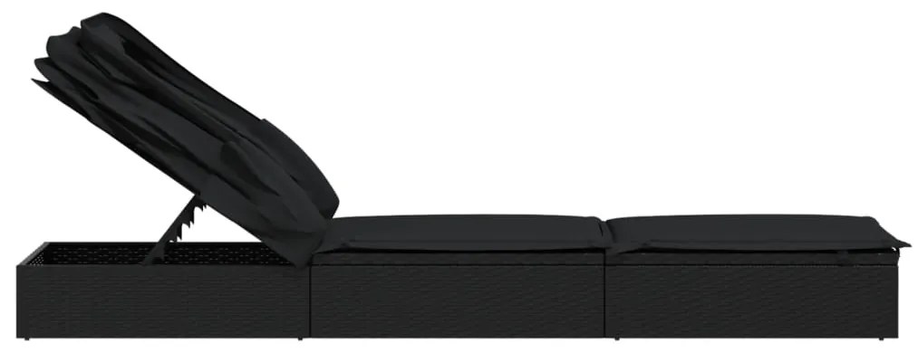 Espreguiçadeira c/ teto dobrável 213x63x97 cm vime PE preto