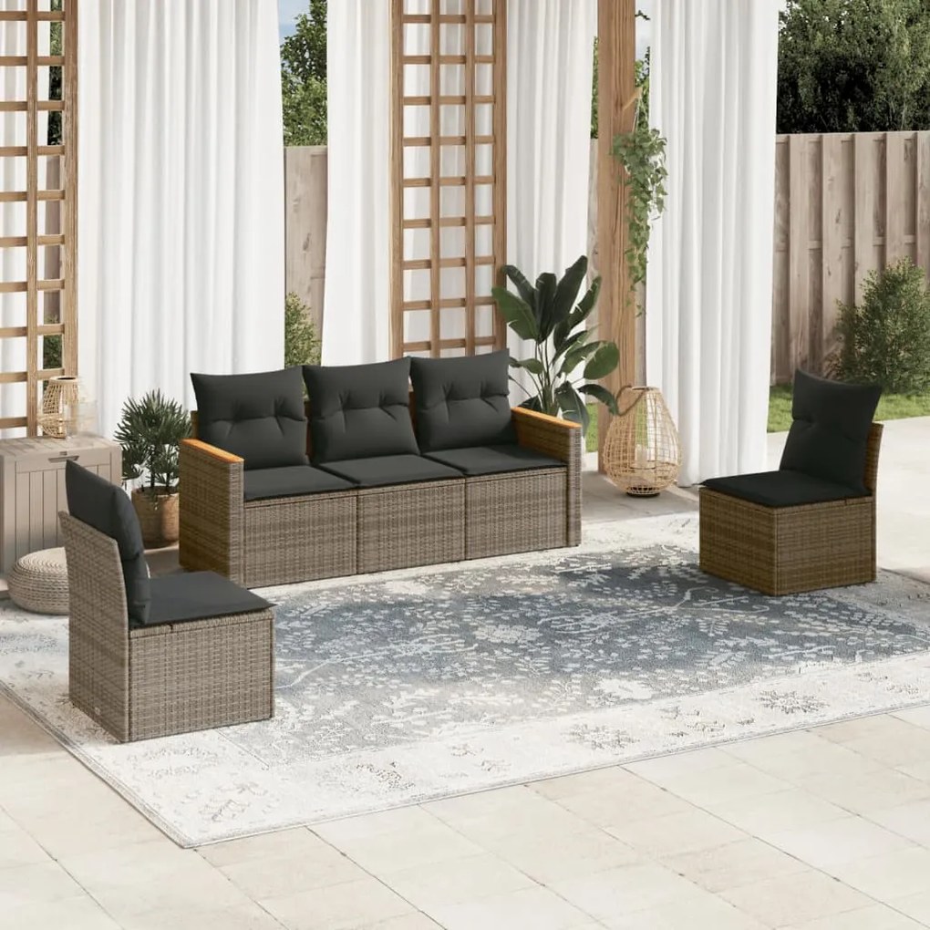 vidaXL 5 pcs conjunto sofás de jardim c/ almofadões vime PE cinzento