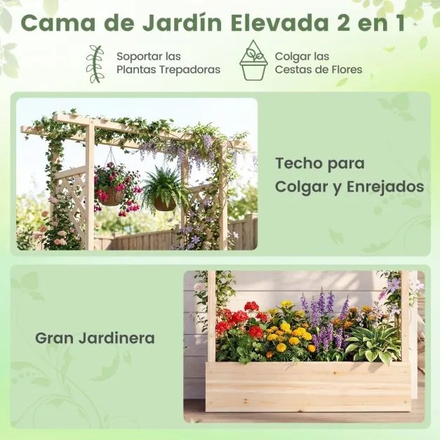 Floreira de jardim elevada em madeira com treliça 110 x 35 x 114 cm, teto suspenso, orifícios de drenagem, abeto, para plantas trepadeiras natural