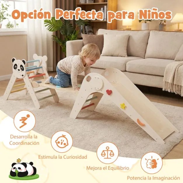 Parque dobrável para escalada para crianças Montessori de escalada em madeira com tema de panda Ginásio interior com escorrega bege