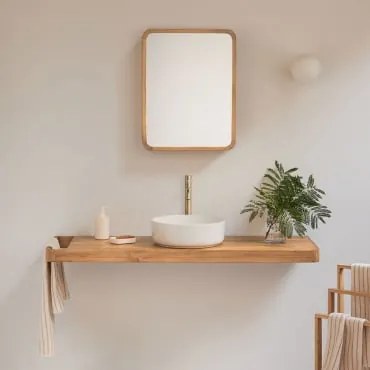 Conjunto De Móvel De Casa De Banho 130x45 Cm Suspenso Em Madeira De Teca Neill Madeira De Teca & Cerâmica Redonda Branca Ø40 Cm Lenka & Dourado Escova