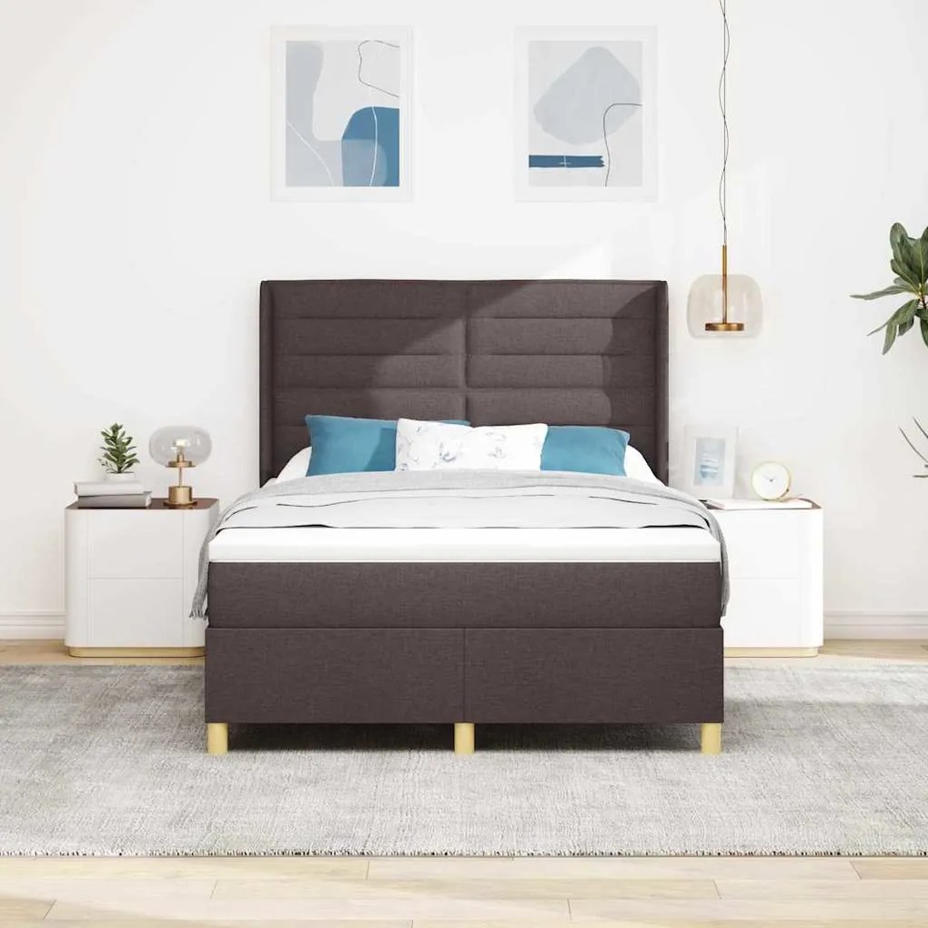 Cama Box Spring com Colchão e LED Castanho Escuro 140x200 cm em Tecido