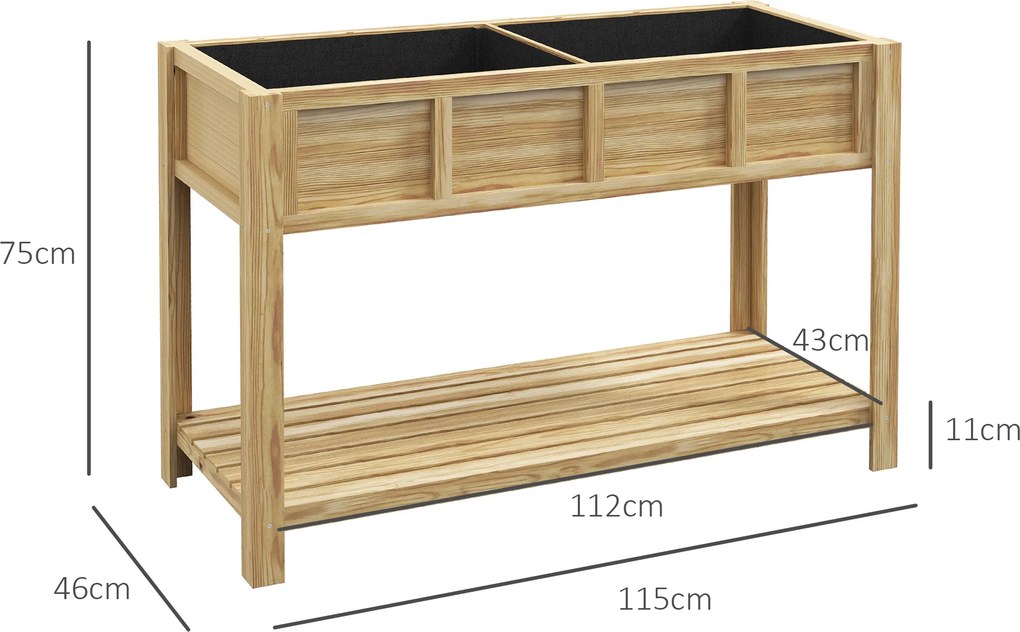 Floreira com pés, divisória removível, prateleira, insertos de rega e feltro de drenagem – 115 x 46 x 75 cm