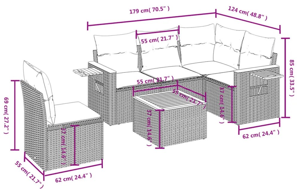 6 pcs conjunto sofás de jardim c/ almofadões vime PE preto