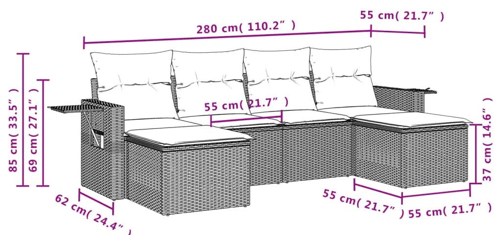 6 pcs conjunto sofás de jardim com almofadões vime cinzento