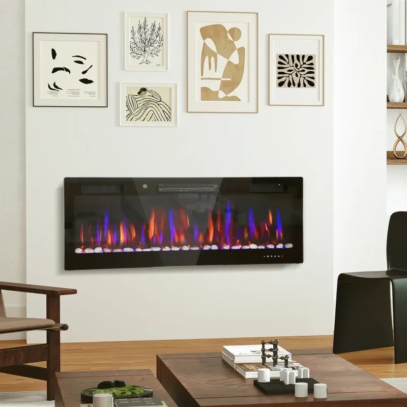 Lareira Elétrica Ultrafina de Parede e Embutir com Chama 3D Brilho/Velocidade Ajustável 12 Cores Pedras 900/1800W 127x9,4x47 cm Preto
