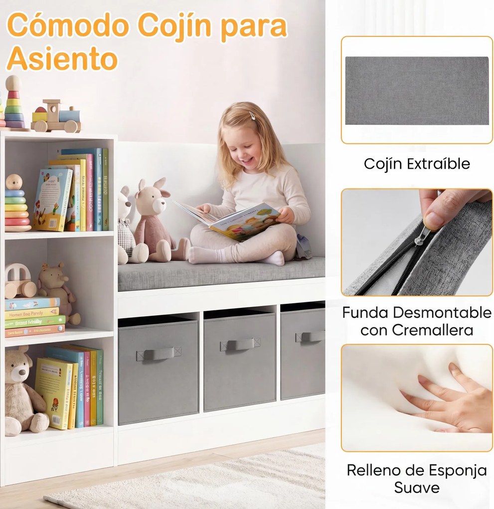 Estante Infantil em Forma de Camião com Assento, 159 x 40 x 81,5 cm, Prateleiras Reguláveis, Branco