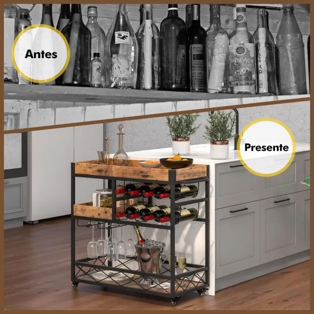 Carrinho garrafeira e de serviço de bar de 3 níveis Tabuleiro amovível Suporte de vinho Suporte de copos para cozinha Sala de jantar 80x40x83cm Castan