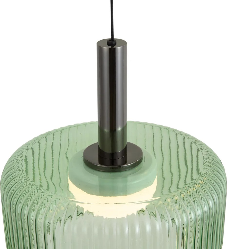 Fiera Designer Pendant Lamp: Gunmetal Finish with Green Glass, Integrated LED, 3-Step Dimmable, 5-Light Easylift