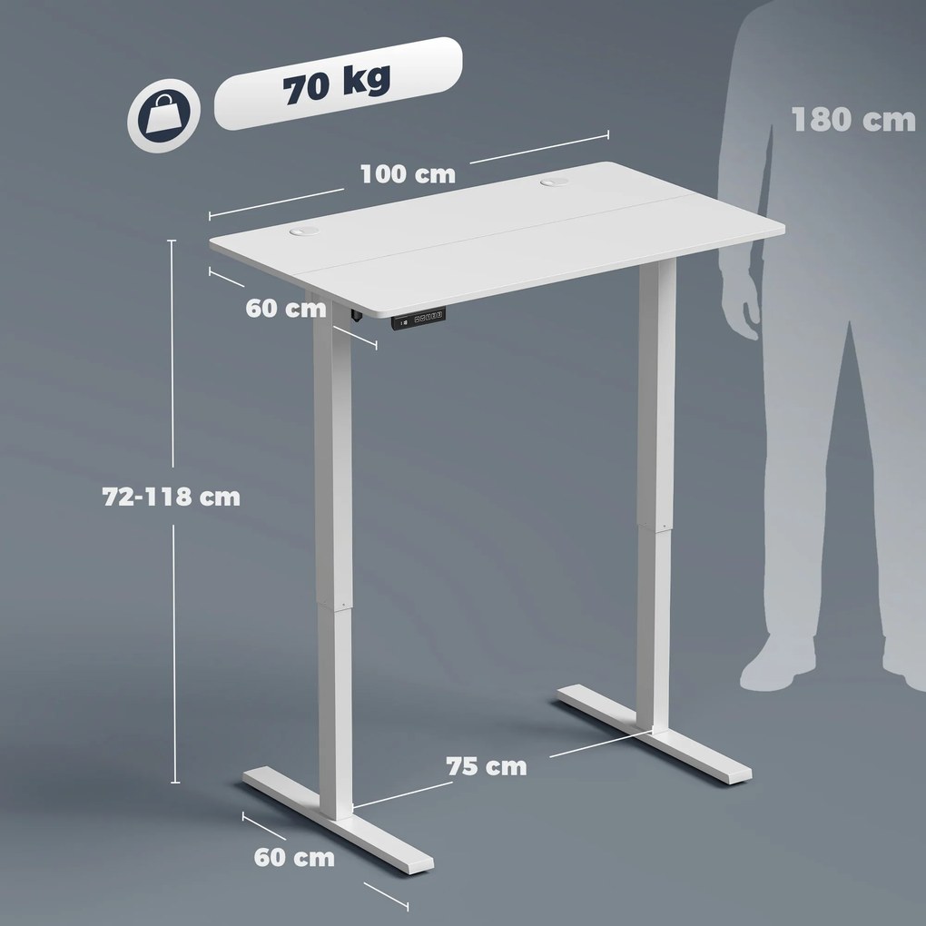 Secretária Elevatória com Memória, Altura Regulável, 2 Passa-cabos e Ecrã LED, Branco