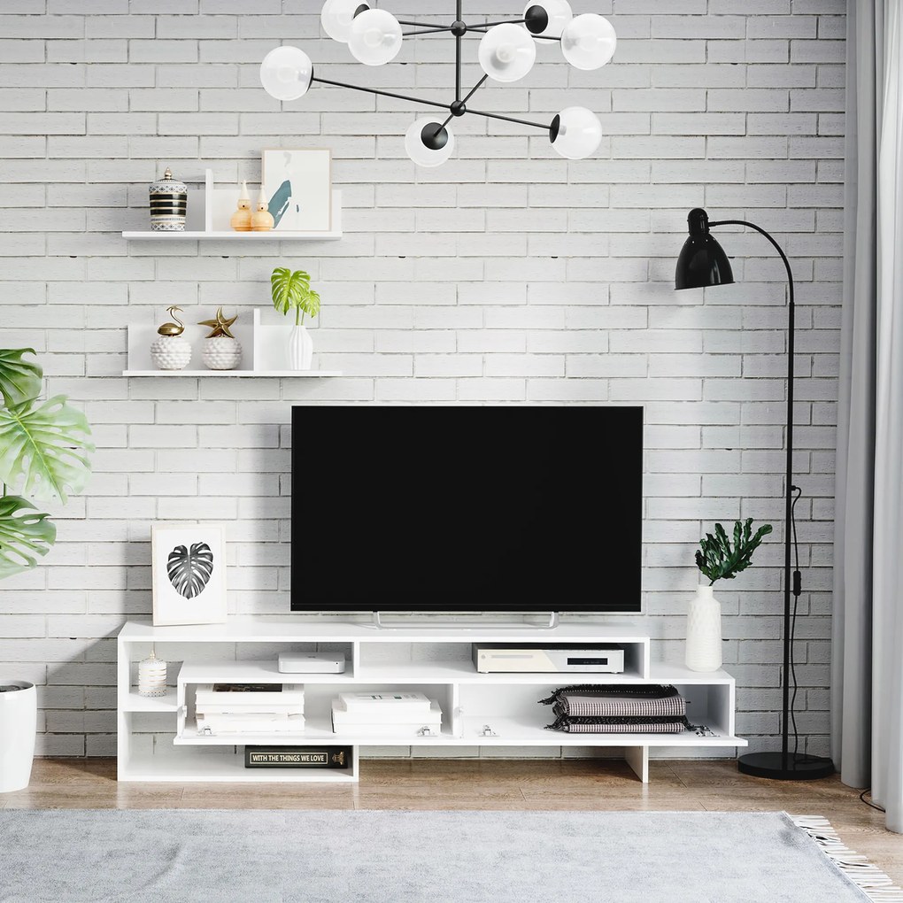 HOMCOM Móvel de TV para Sala de Estar Móvel para Televisor 180x33,5x42cm e 2 Prateleiras de Parede 65x20x20cm Branco