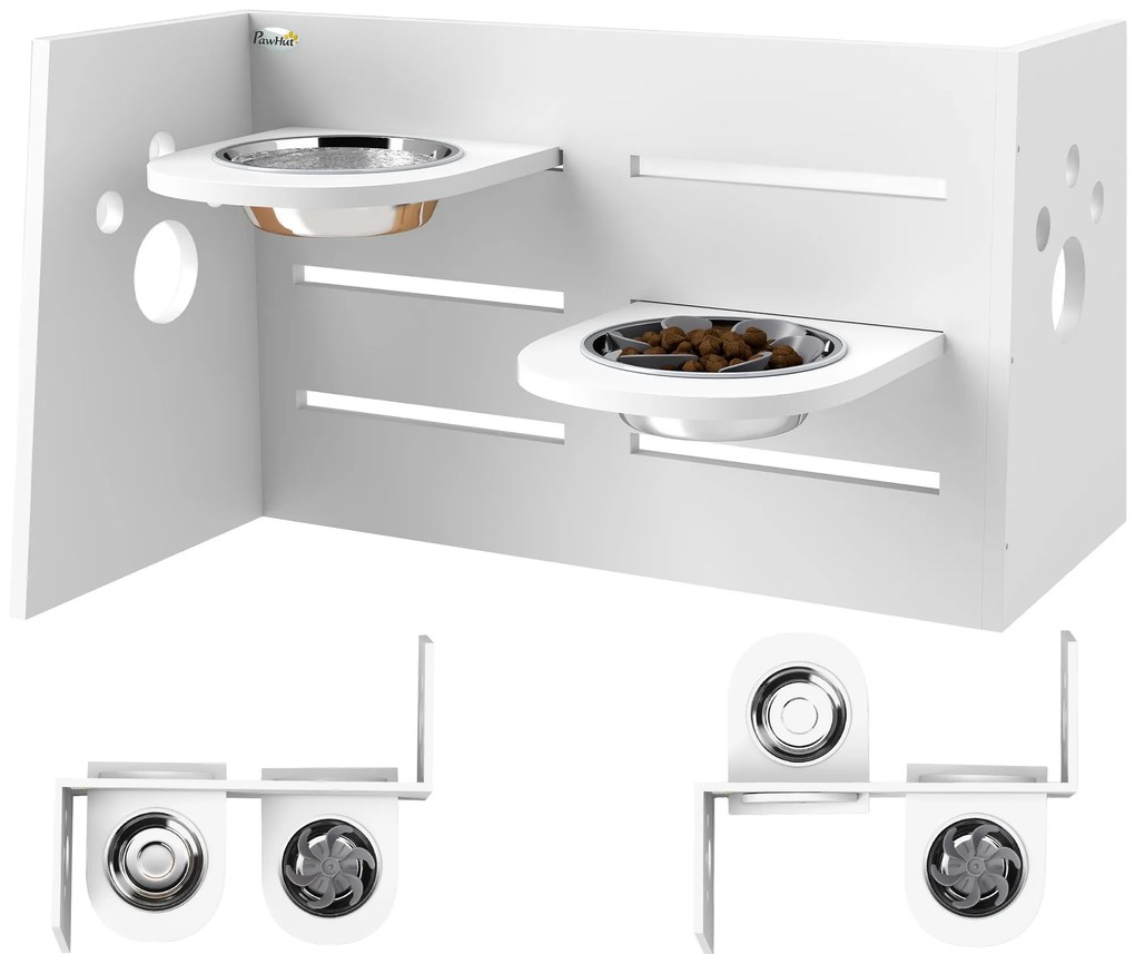 PawHut Comedouro para Cães Elevado com 3 Alturas 2 Tigelas 2x1L e Sistema de Alimentação Lenta 63x58,5x40 cm Branco | Aosom Portugal