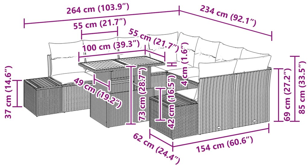 Conjunto de Jantar de Jardim de 9 Peças com Almofadas Bege em Rattan S
