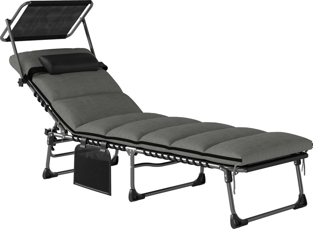 Outsunny Espreguiçadeira 5 Posições Reclináveis, com Toldo Almofada Apoio de Cabeça Bolso Lateral, 190x57x30cm, Cinza Escuro | Aosom Portugal