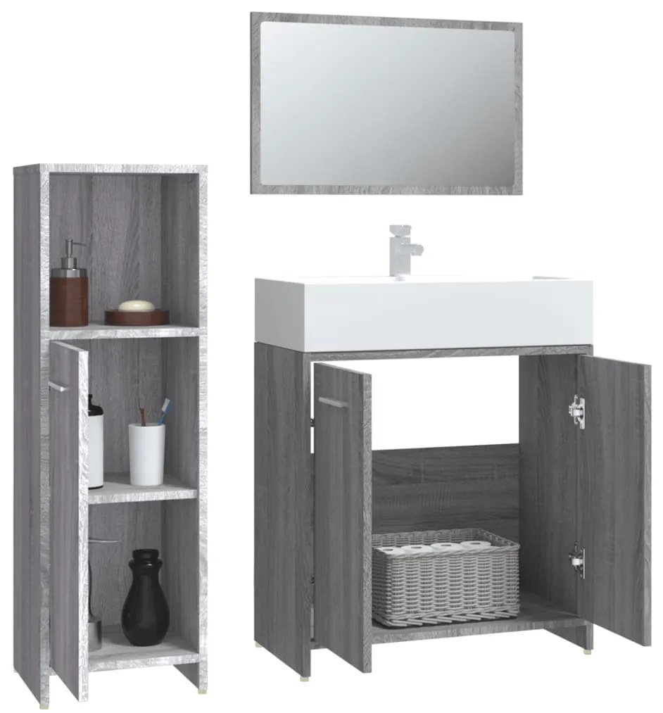 3 pcs Conjunto móveis casa de banho madeira proc. cinza sonoma
