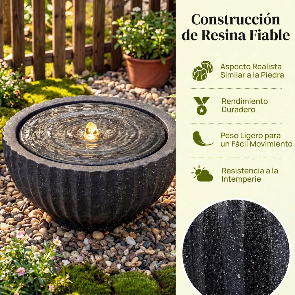 Fonte de Água Decorativa Redonda, 45 x 23,5 cm, Iluminação LED, Cinzento