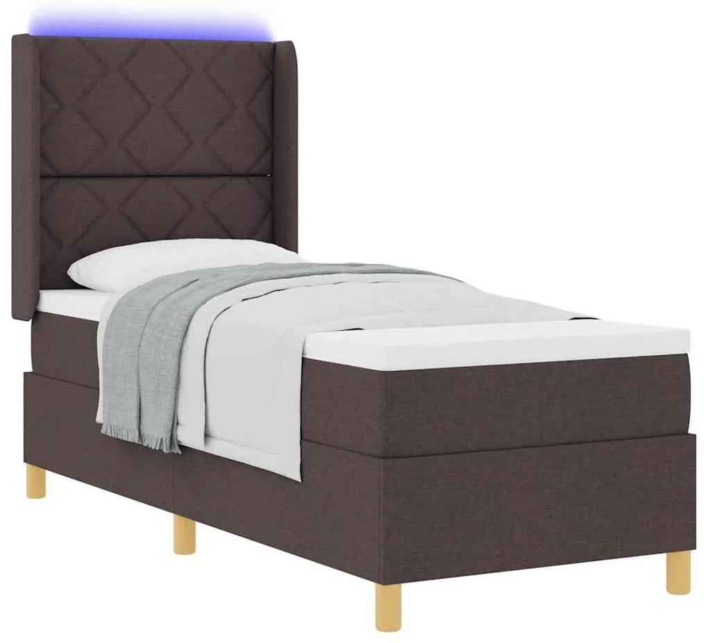 Cama Box Spring com Colchão e LED Castanho Escuro 80x200 cm Tecido