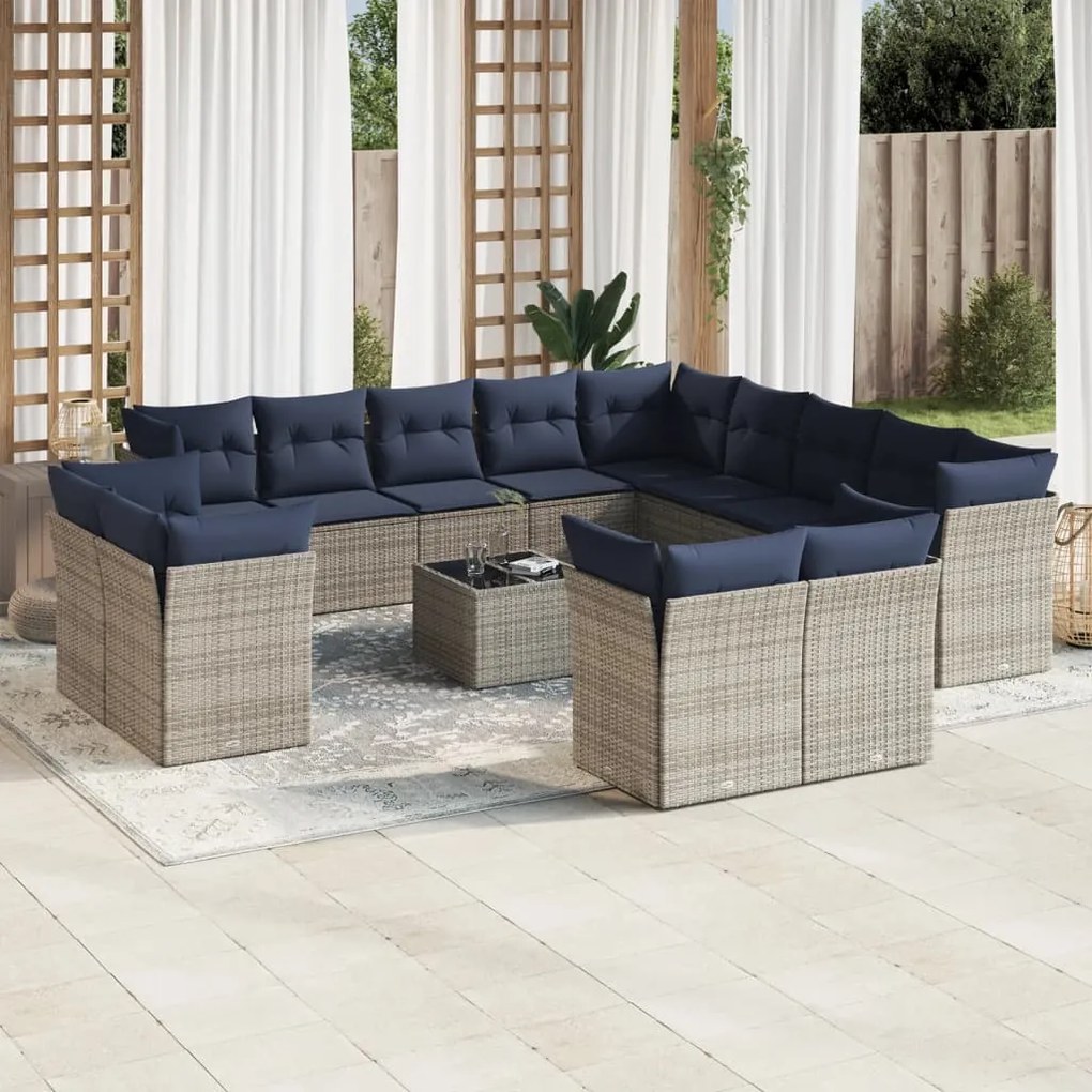 vidaXL 14 pcs conjunto sofás p/ jardim c/ almofadões vime PE cinzento