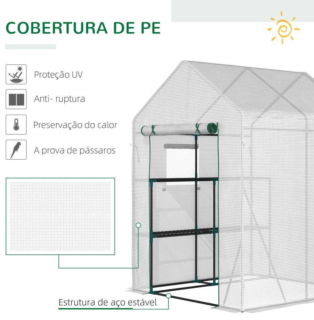 Outsunny Estufa de Jardim 143x143x195cm Estufa de Aço com 2 Prateleiras Porta e 2 Janelas Enroláveis para Cultivo de Plantas Vasos de Flores Pátio Exterior Branco