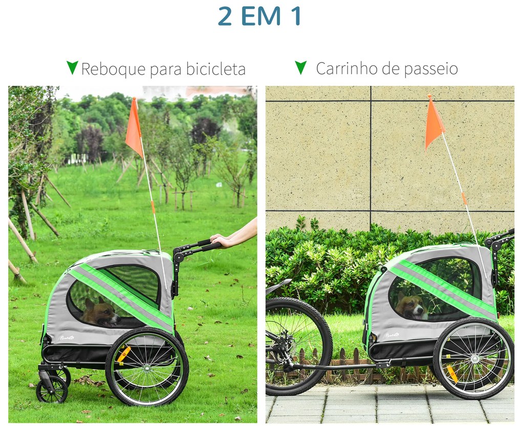 Reboque Bicicleta Cães 2 em 1 Transporte Animais Estimação Porta Enrolável 140x72,5x107,5cm Verde