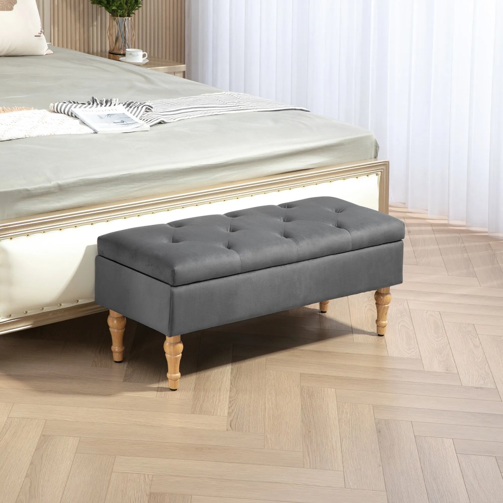 Banco com arrumação 2 em 1, em veludo 102 C x 38 P x 41 A cm com tampa articulada acolchoada e pés em madeira, cinzento