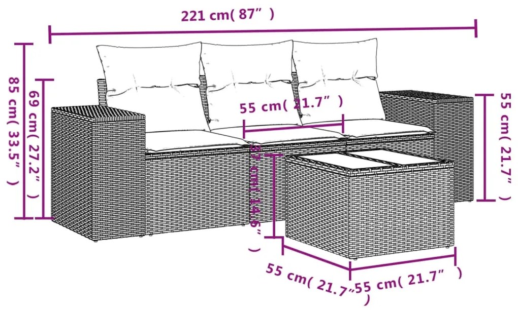 4 pcs conj. sofás jardim c/ almofadões vime PE cinzento-claro