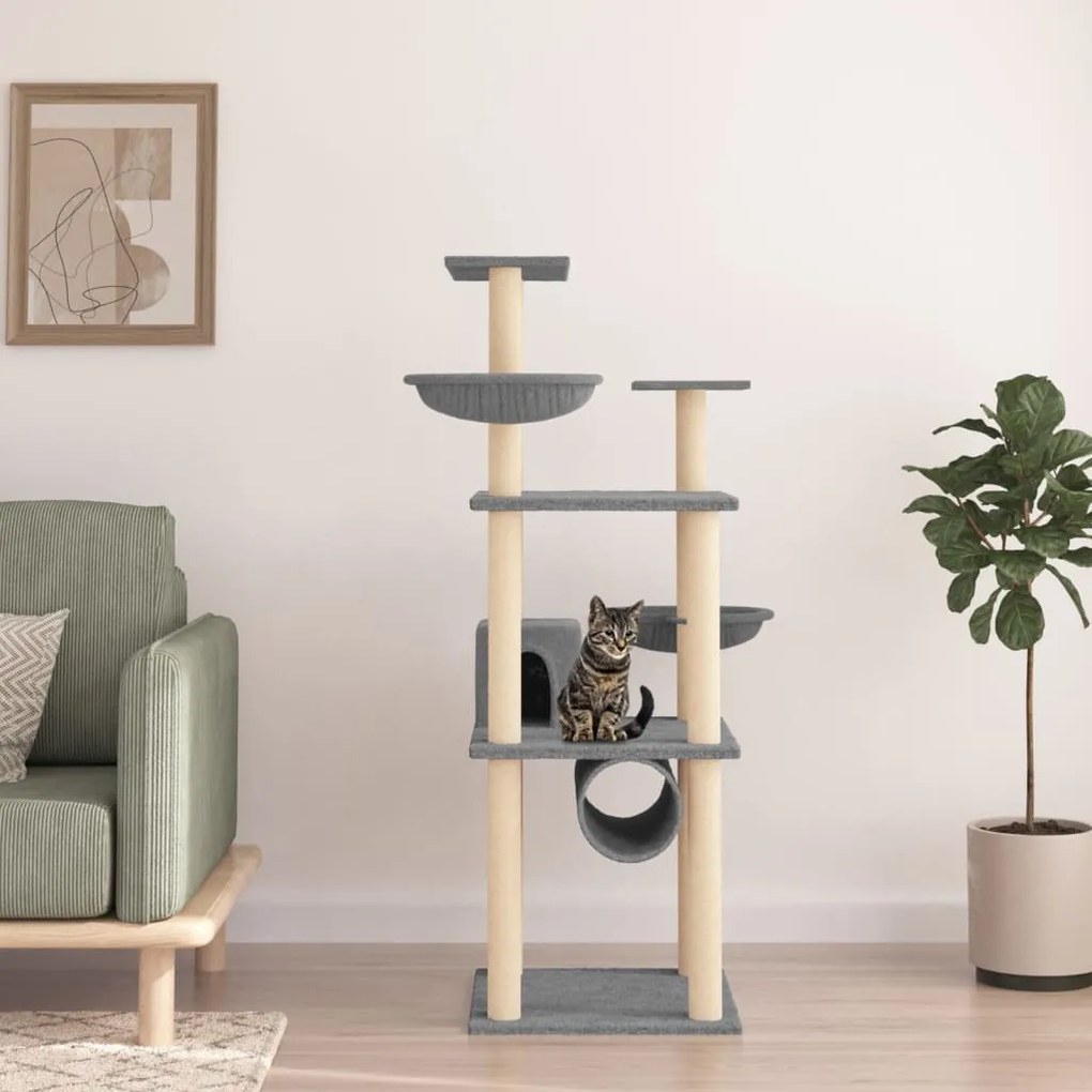 vidaXL Árvore p/ gatos c/ postes arranhadores sisal 141 cm cinza-claro