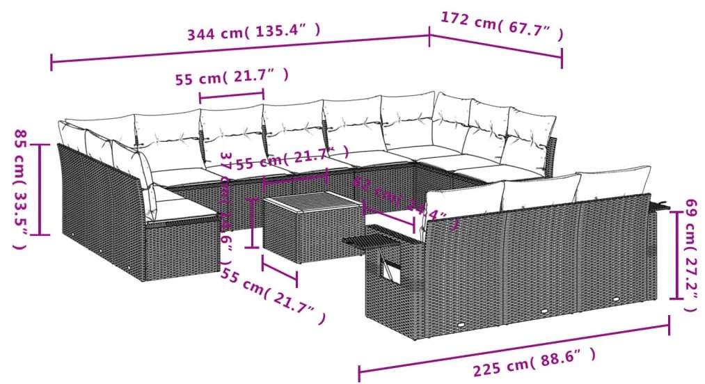 14 pcs conjunto de sofás p/ jardim com almofadões vime PE bege