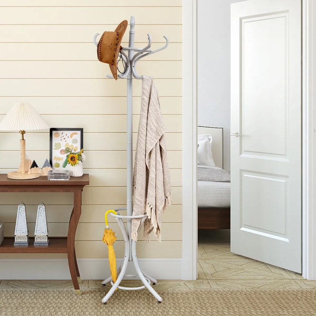 Cabide de madeira 184cm Cabide Árvore com suporte 12 cabides para pendurar roupas Chapéu para entrada do quarto cinza