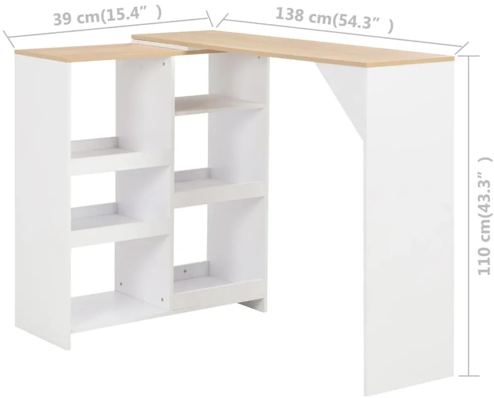 Mesa de bar com prateleira movível branco 138x39x110 cm