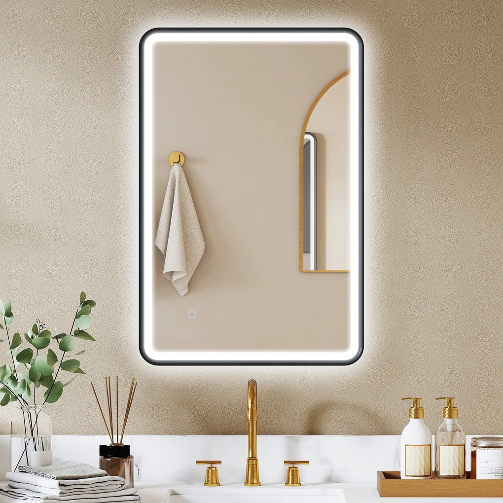 Espelho de casa de banho com iluminação, 90 x 60 cm, espelho LED de parede, antiembaciamento, 3 cores de luz, intensidade regulável, preto