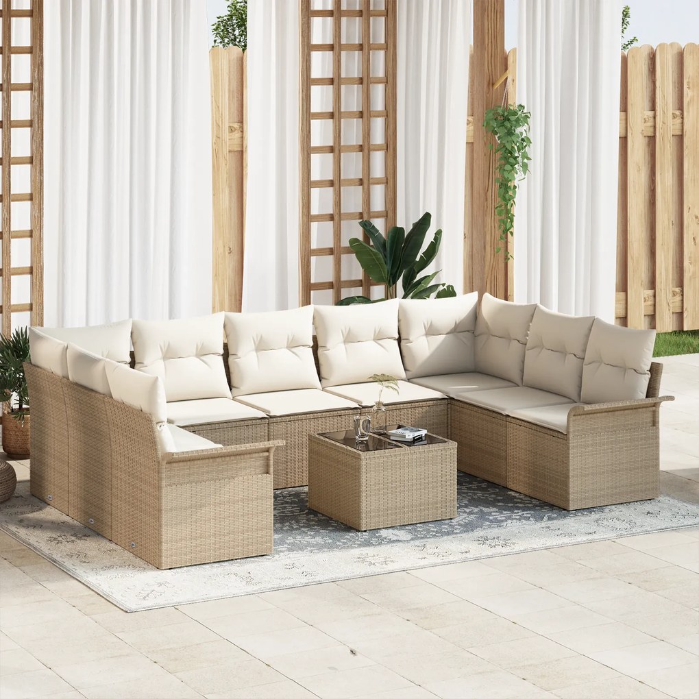 vidaXL Conjunto de Sofá de Jardim de 10 Peças com Almofadas Marrom Polivime
