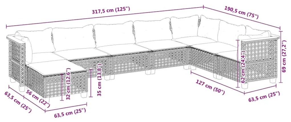 8 pcs conjunto de sofás p/ jardim com almofadões vime PE bege