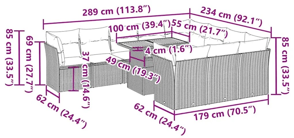 11 pcs conjunto sofás de jardim c/ almofadões vime PE bege