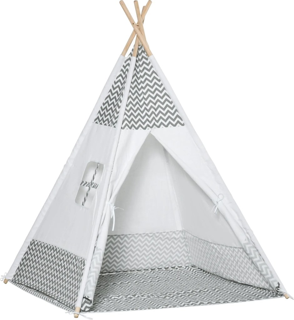 HOMCOM Tenda Tipi Crianças 3 Anos Tenda Infantil Madeira Portátil Janela Almofada Confortável 120x120x155cm Cinza Estilo Moderno | Aosom Portugal