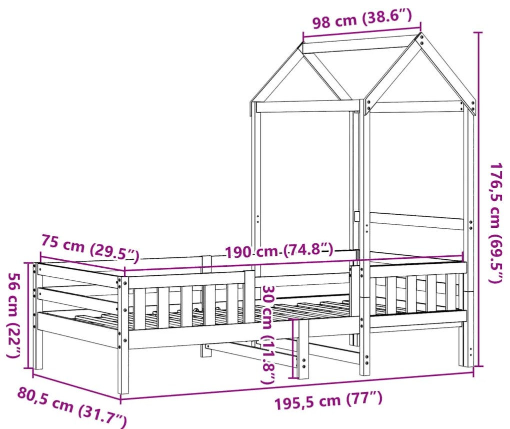 Estrutura de cama com telhado 75x190 cm pinho maciço branco