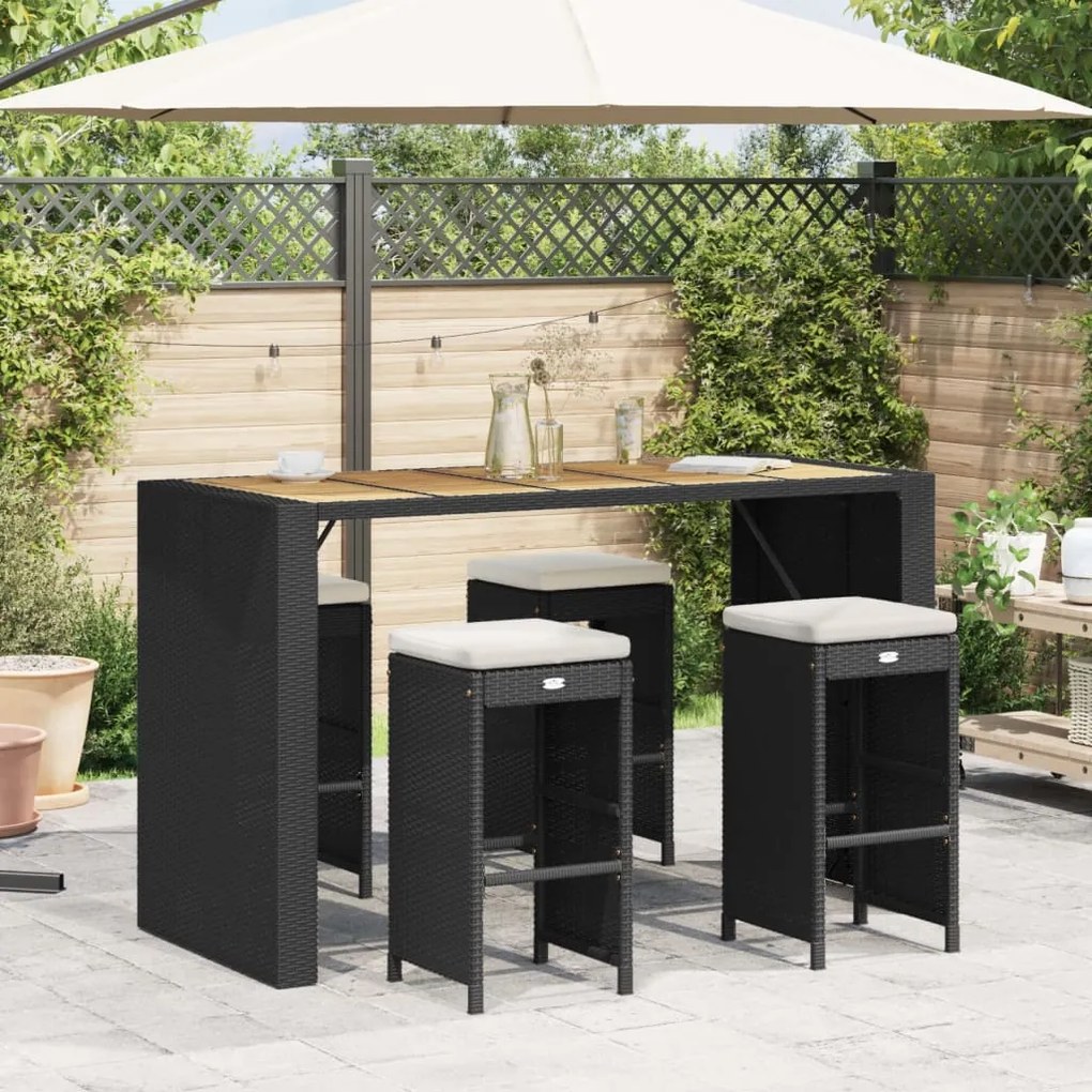 Bancos de bar com almofadões para jardim 4 pcs vime PE preto