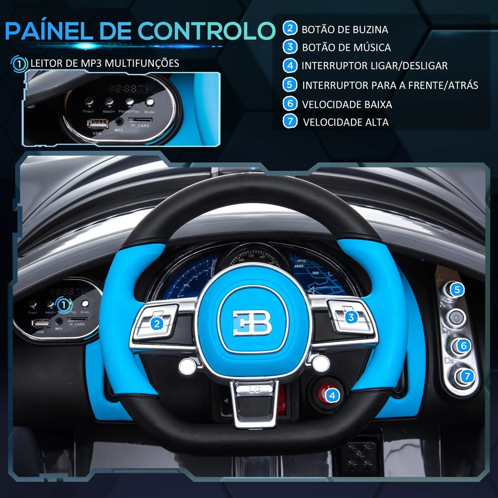 Carro Elétrico Infantil Bugatti Divo para Crianças de 3-6 Anos Carro a Bateria 12V com 2 Motores Controlo Remoto Faróis LED Buzina Música USB MP3 e Ve