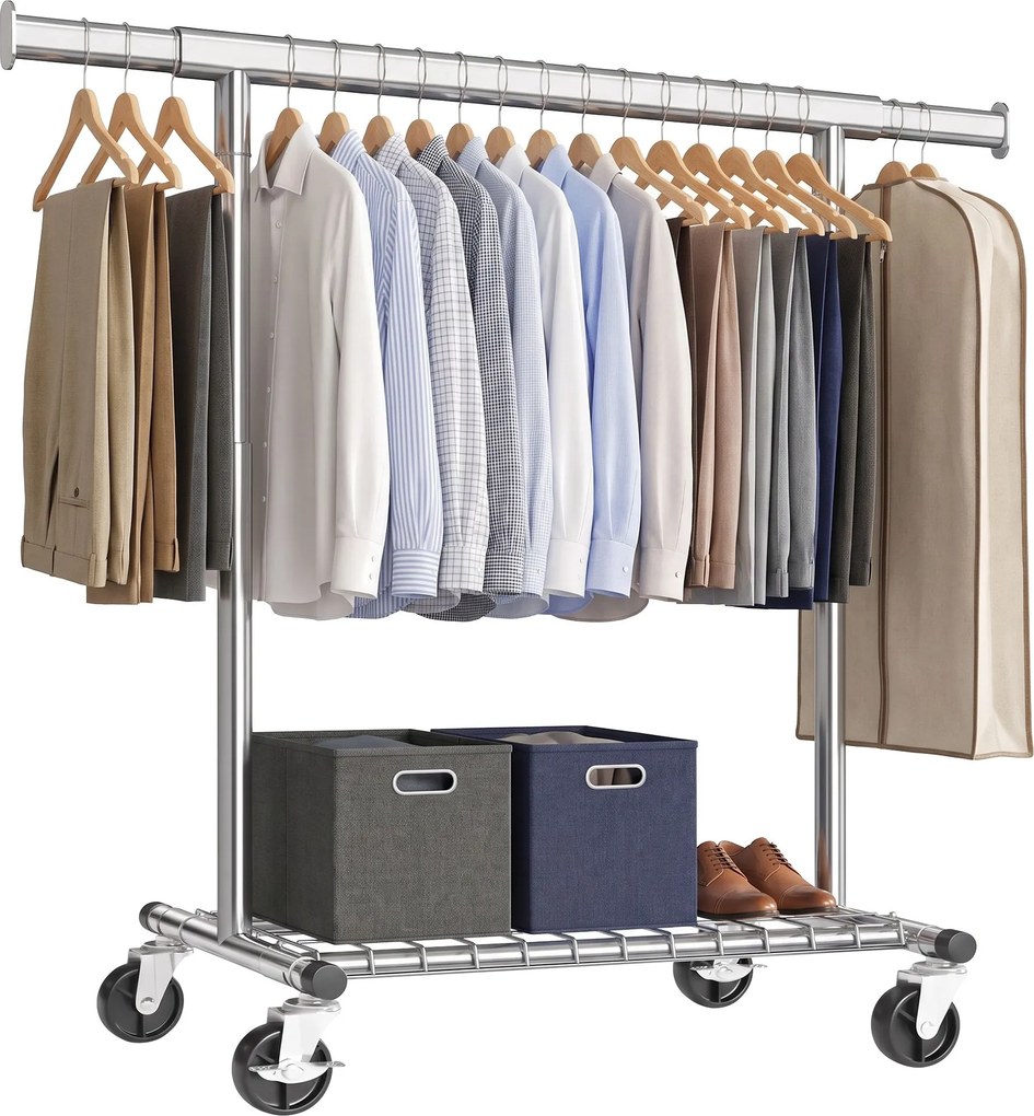 Guarda-roupas extensível 92-132 x 45 x 161,5 cm com rodas e prateleira, prateado