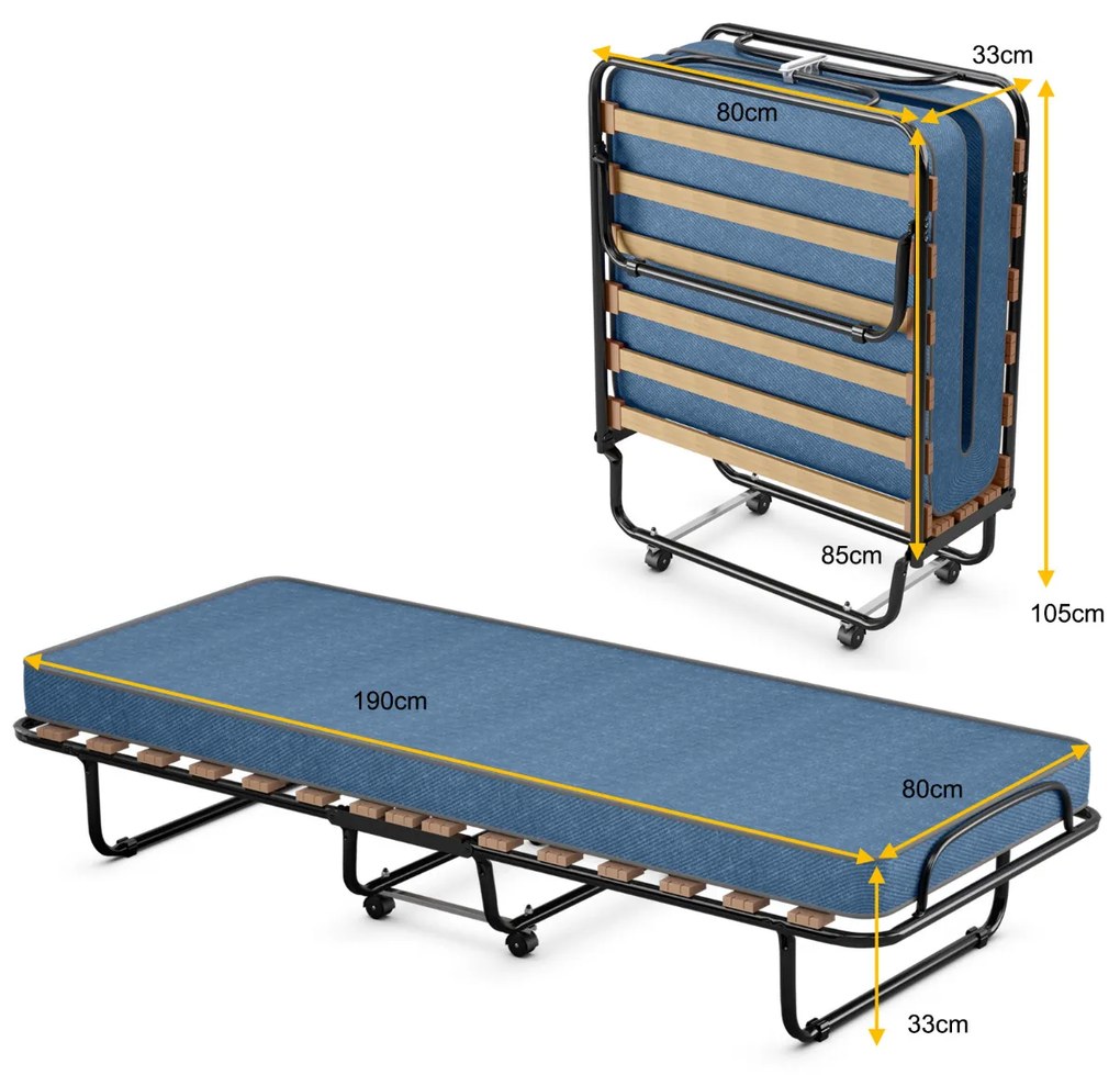 Cama dobrável com colchão Cama de hóspedes portátil com rodas em espuma de memória Estrutura de aço 190 x 80 x 33 cm Azul