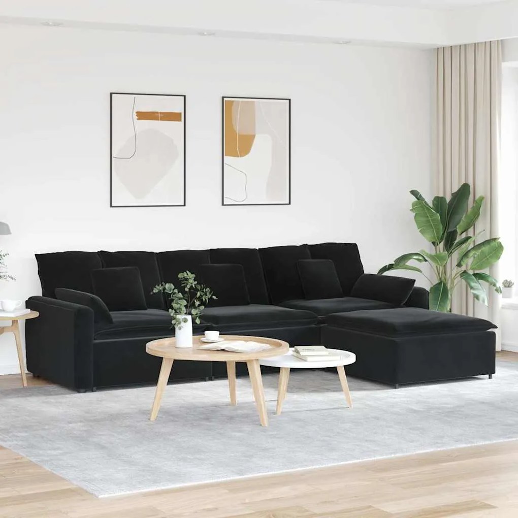 Sofá modular com pufes e almofadas preto
