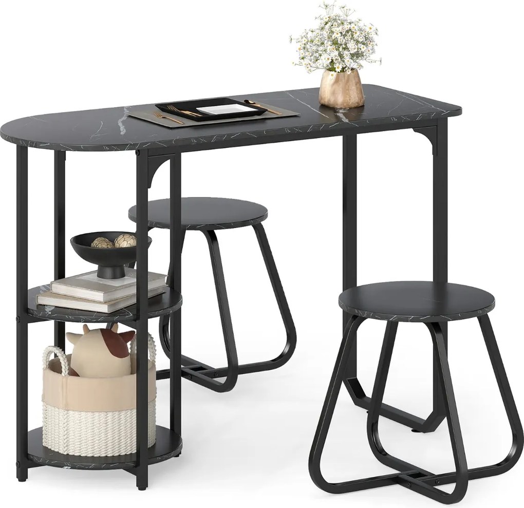 Conjunto de mesa de jantar de madeira e metal e 2 bancos com Prateleiras Armazenamento para Espaços pequenos Preto