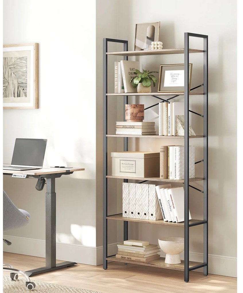 Estante para livros com 6 prateleiras, 30 x 80 x 186 cm, cor nogueira escura-preto