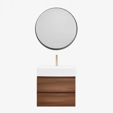 Conjunto De Móvel De Casa De Banho Em Madeira E Chapa De Freixo Com Lavatório Integrado Ona Madeira Escura & Redondo Led - Sklum