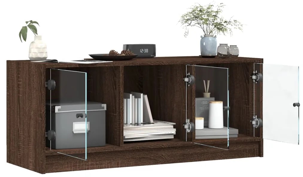 Móvel de TV c/ portas de vidro 102x37x42 cm carvalho castanho